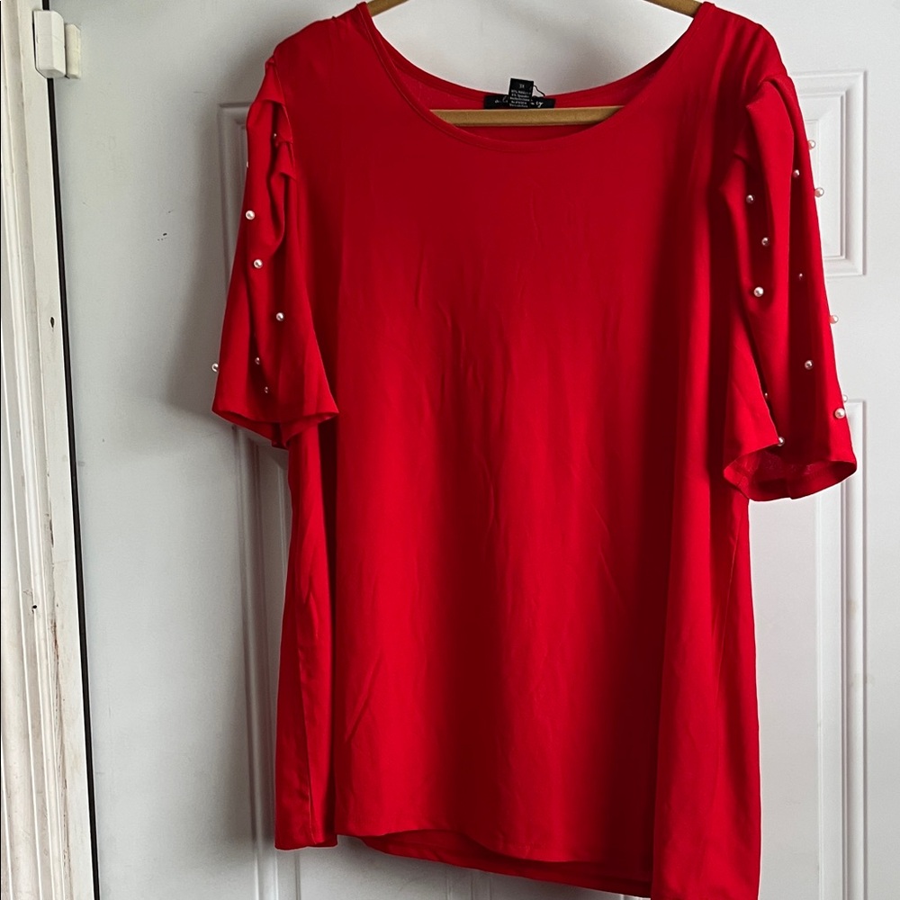 Chic Red Blouse with Pearl Details